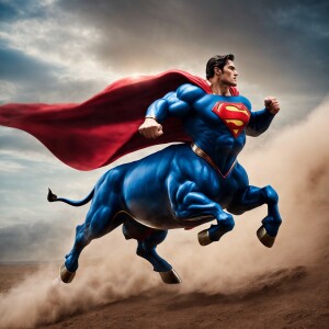 Create an 3d animated scene featuring Superman triumphantly ridi...