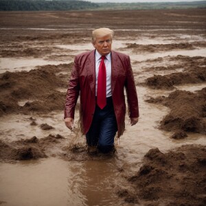 Donald J Trump walking swimming in mud.