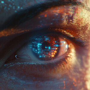 Close-up, hyper-realistic image of an advanced futuristic human...