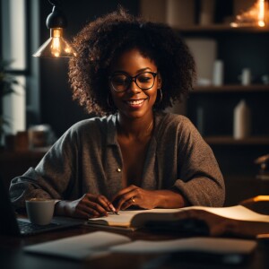 Visualize a confident and beautiful Black woman working on her M...