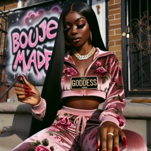 Melanin-rich queen posted on her stoop in a floral pink velour...