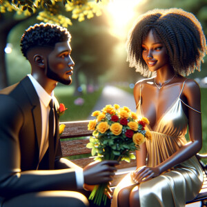 A photorealistic scene captures a young African American couple...