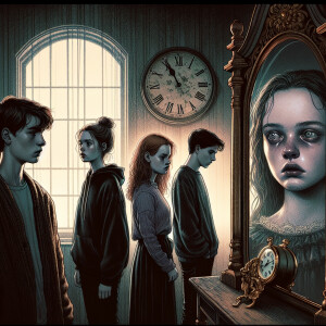 Four teenagers are standing in a dark gloomy room. The figure of...