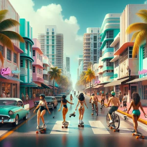 Vibrant Art Deco street scene in Miami, capturing the energy and...