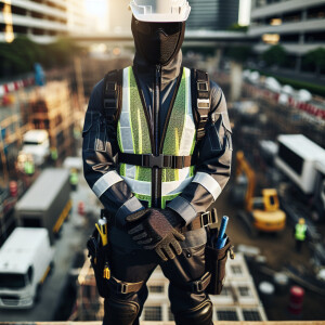 A work site featuring a Hispanic male wearing all his safety PPE...