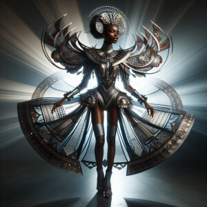 The image depicts a striking  American woman in a full-body Waka...