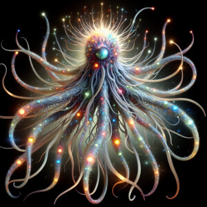 An otherworldly, tentacled alien pulsating with ethereal light,...