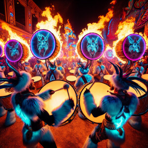 A psychedelic carnival in Texas,  Drummers wearing blue wolf pel...