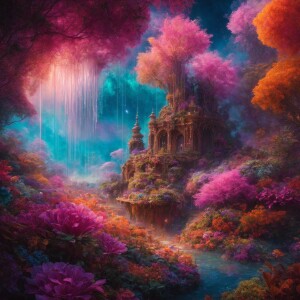 In a dazzlingly surreal space habitat, ethereal wisps of neon-hu...
