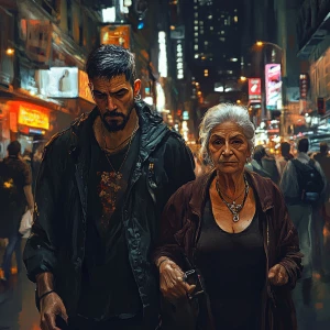 Realistic art,a muscular sweaty criminal walking with his mother...