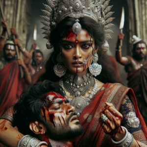 photograph of angry looking, gorgeous goddess durga cosplayer carrying a weak mahishasur in her two arms. She is wearing a huge silver crown, red saree, abundant silver jewelry, covered in blood. The scene is set in ancient India. The image is 8K resolution, cinematic, ultra detailed face and epic.