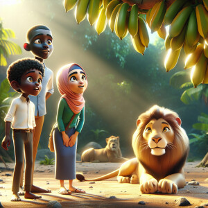 A family in the jungle observes a lion with ripe plantains hangi...