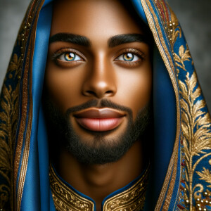 Create a beautiful African-American Jesus Christ with Hazel, brown eyes and blue and gold robe