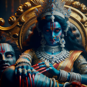 portrait of intense looking goddess kali, blue skinned, sitting on a gold crown and carrying a weak mahishasur on her lap and stabbing him with her amazing long red finger nails. She is wearing diamond armor, a huge diamond crown, red saree, abundant diamond jewelry, covered in blood. The scene is set in ancient India. The image is 8K resolution, cinematic, ultra detailed face and epic.