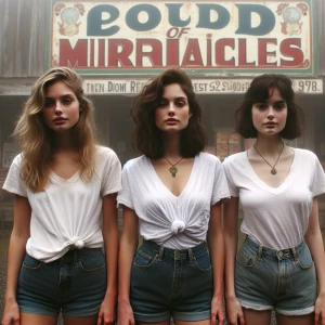 Create a color film photograph from 1973 of three beautiful 19-y...