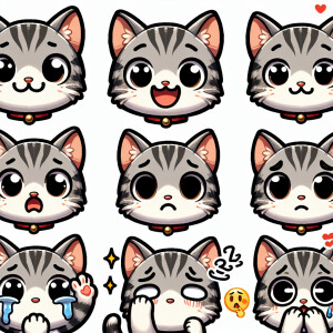 Create a sticker pack for me featuring a cute gray-and-white kit...