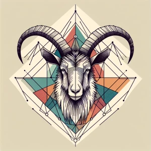 Colourful geometric tattoo of a wild goat, front on, sketch styl...