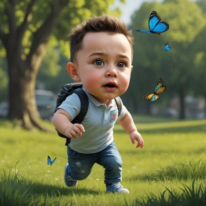 baby Elon Musk in children role with real face, runs on the gras...