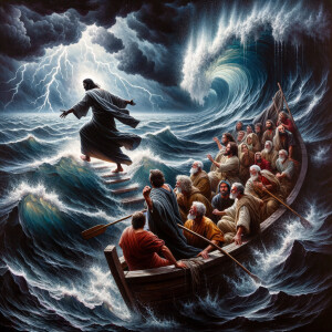 African-American Jesus telling Peter to come walk on the water,...