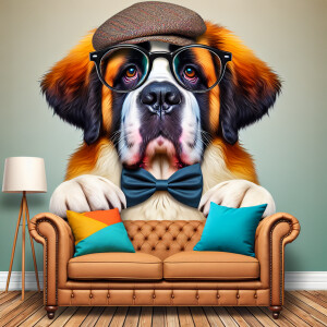 A whimsical caricature of a St Bernard sitting on the couch, loo...