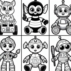 Create six separate black-and-white illustrations of toys and ch...