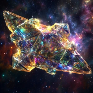 A luminous crystalline spacecraft drifts through the void of spa...