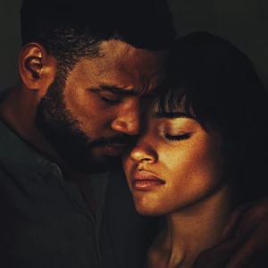 Generate an image of a poignant scene featuring an attractive biracial American couple, a man and woman, with expressions of sorrow and resignation as they emotionally prepare to go their separate ways.