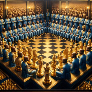 3-D realistic oil, painting,of a gold and black human chessboard...