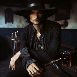 Dracule Mihawk from One Piece sits in a tavern with a tankard of...