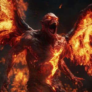 A demonic zombie creature with smoldering red fire wings, render...