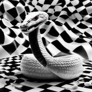 Albino cobra wrapped around a black and white stripped apple,  n...