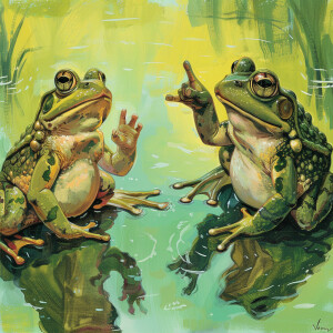 A frog communicating in sign language with another toad