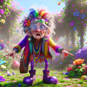 pixar style 3d image of a confused eccentric looking hippie gran...