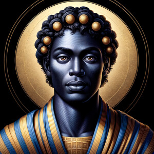 Create a beautiful African-American Jesus Christ with Hazel, brown eyes and blue and gold robe