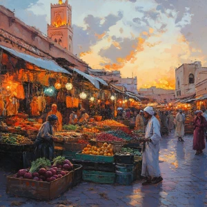 Ein malerischer orientalischer Markt in Marrakesch bei Sonnenunt...