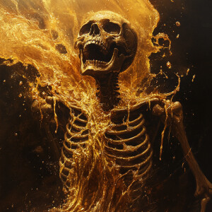A detailed and realistic depiction of a golden skeleton oozing m...