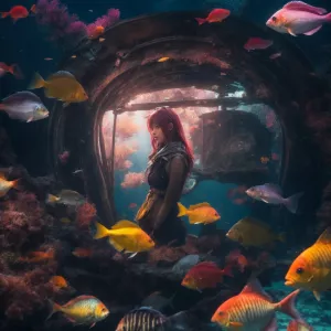 An evil mermaid with sharp teeth, malevolent glowing eyes, and d...