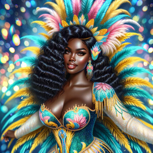 Create a 3-D  vivid full-body view of a colorful glossy hyper-realistic oil painting of a detailed illustration full length photo single image of a beautiful African-American caramel skinned woman plus sized, with long, black, wavy hair, her make up is airbrushed and flawless, she is dressed in a white, teal and yellow large, elaborate, elegant, very detailed carnival costume with colorful African-American pink, blue, gold yellow green feathers, flawless makeup, prominent lashes, black peep toe heels, white pixie hair, background bokeh, she is stunning and smiling, digital art.