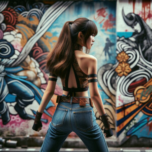 Attractive, Asian teenage girl, long brown hair and bangs, wearing tight skinny jeans and a halter top paint marks on her clothing, backside view heroic pose Asian graffiti