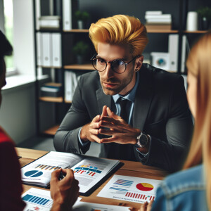 Man with yellow hair giving consultation for marketing questions...