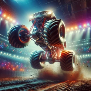 An action-packed scene of a monster truck in a competitive stadium, mid-wheelie, its undercarriage and shock absorbers fully exposed. The arena is filled with dirt flying through the air and colorful lights reflecting off the truck’s metallic body as it barrels toward the next obstacle