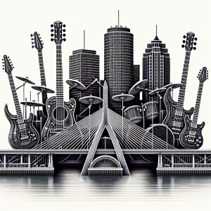 The Boston skyline with the zakim bridge but made out of guitar and drum silhouettes