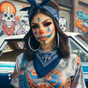 Create an image featuring a Latina woman with  chicana  wearing...