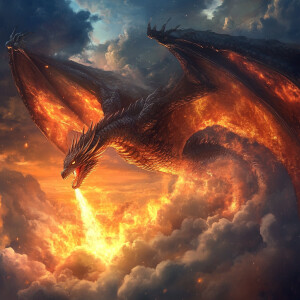 A majestic dragon soaring through the sky, exhaling fierce flame...