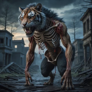 "A nightmarish vampire tiger with a distorted skeletal body, sta...