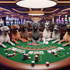 Dogs playing blackjack at a blackjack table in a  casino 3D char...