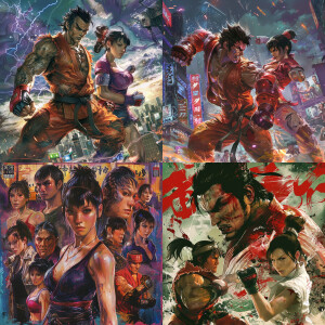 Create a poster for the video game Tekken 4 in Akira Toriyama ar...