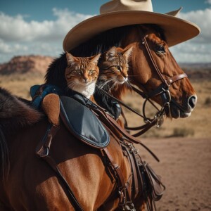 A cat with a cowboy hat on riding a horse