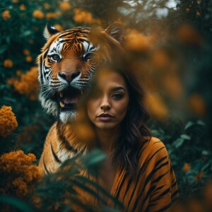 a girl morphing into a tiger