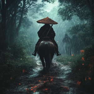 You are a graphic designer who is specialized in photoshop. Create a realistic image of a straw hat swordsman riding a horse through a rainy forest with a third-person view and soft dusky light. Cinematic stylized. High definition.